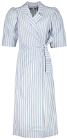 (Women) GANNI FW22 Striped Collared Belted Midi Dress Blue Short Sleeve Dress F7220681 (Women) GANNI FW22 Striped Collared Belted Midi Dress Blue Short Sleeve Dress F7220681