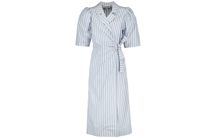 Order (W) 가니 FW22 스트라이프 칼라 벨트 미디 드레스 블루 반팔 원피스 F7220681