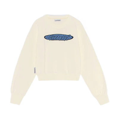 (Women) GANNI FW22 White Crewneck Sweatshirt with Logo Embroidery T3304-135