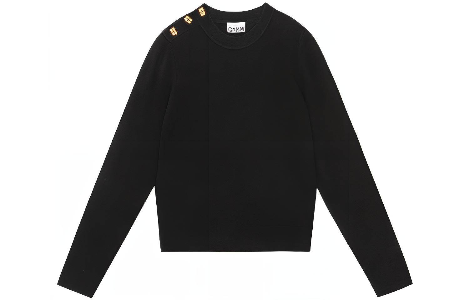 (Women) GANNI FW23  Black Cashmere-Blend Ribbed Long-Sleeve Sweater K2058099