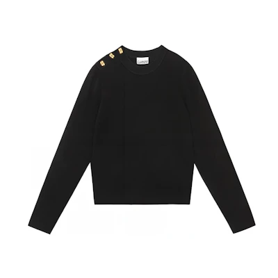 (Women) GANNI FW23 Black Cashmere-Blend Ribbed Long-Sleeve Sweater K2058099