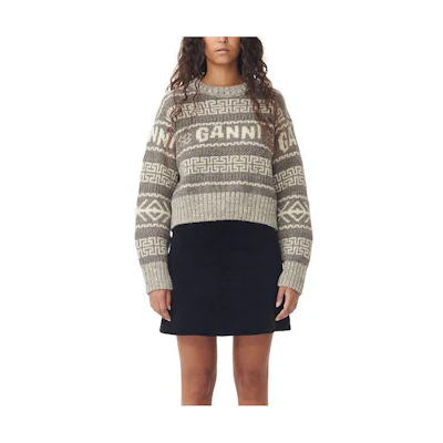 (Women) GANNI FW23 Cropped Crewneck Logo Sweater Grey Wolf K2154765