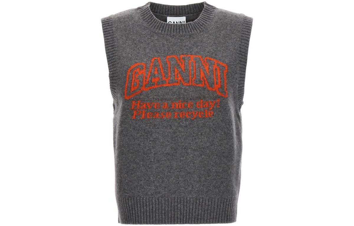 (Women) GANNI FW23  Logo Embroidered Wool Blend Knit Vest in Frost Gray. K1968523