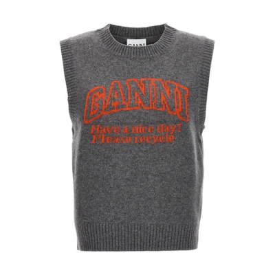 (Women) GANNI FW23 Logo Embroidered Wool Blend Knit Vest in Frost Gray. K1968523