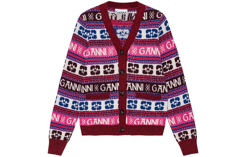(Women) GANNI FW23  Logo Wool-Blend V-Neck Knit Sweater Multicolor. K2122999