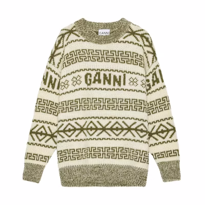 (Women) GANNI FW23 Oversized Vintage Print Wool Knit Sweater Avocado Green. K2174775