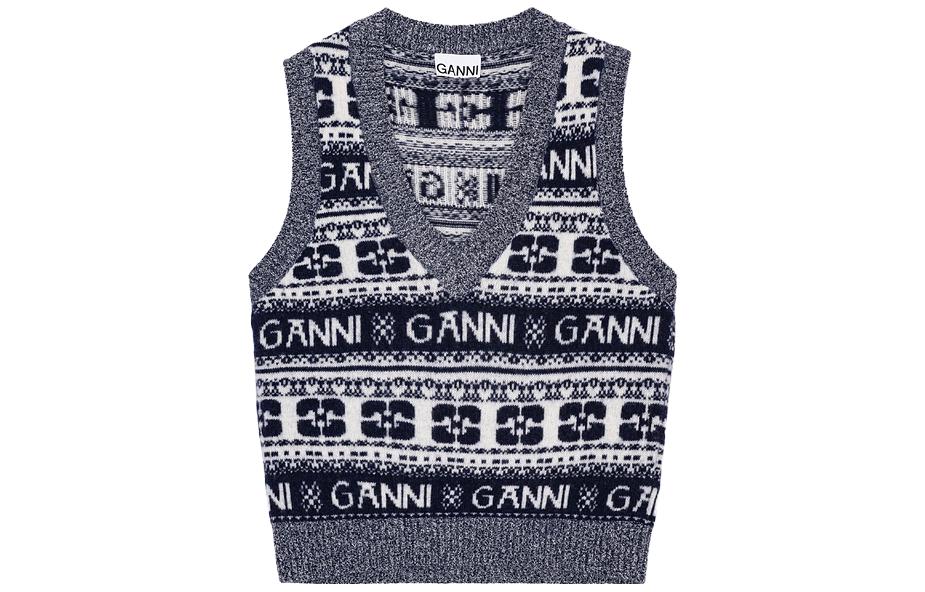 (Women) GANNI FW23  Retro Butterfly Logo Knit Vest in Navy Blue. K2092-683