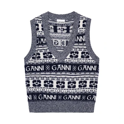 (Women) GANNI FW23 Retro Butterfly Logo Knit Vest in Navy Blue. K2092-683