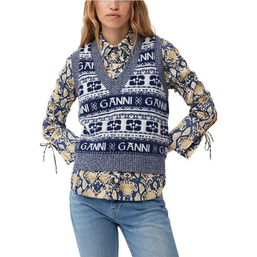 Lookbook (W) 가니 FW23 레트로 버터플라이 로고 니트 베스트 네이비 블루. K2092-683