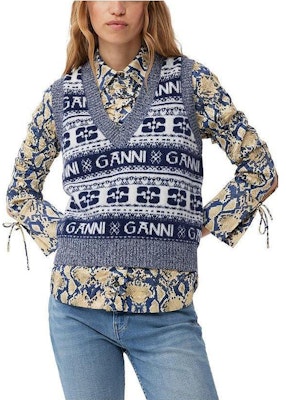 (W) 가니 FW23 레트로 버터플라이 로고 니트 베스트 네이비 블루. K2092-683 Lookbook (W) 가니 FW23 레트로 버터플라이 로고 니트 베스트 네이비 블루. K2092-683