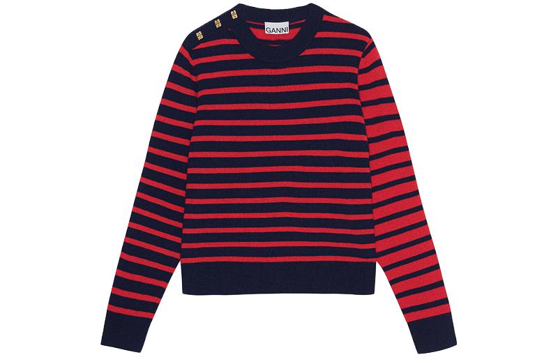 (Women) GANNI FW23  Striped Wool Knit Long Sleeve Sweater Pomegranate Red. K2049-785