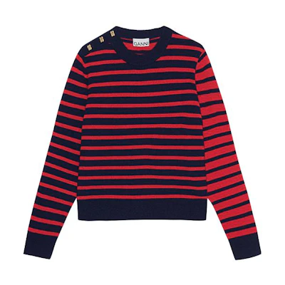 (Women) GANNI FW23 Striped Wool Knit Long Sleeve Sweater Pomegranate Red. K2049-785