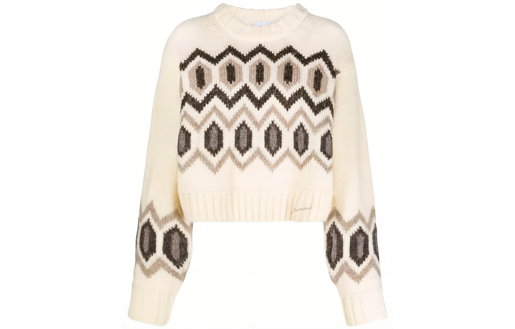 (Women) GANNI FW23  White Embroidered Knit Sweater - Crewneck, Loose Fit. K2042135