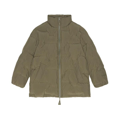 (Women) GANNI FW23 Zip-Up Hooded Puffer Jacket Cotton Coat in Black Olive Green. F8474861