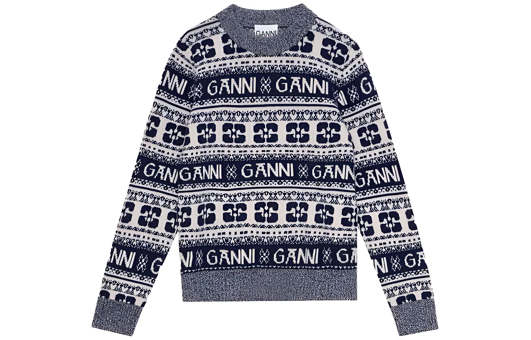 (Women) GANNI FW23 Striped Retro Wool Knit Pullover Sweater Navy Blue - Long Sleeve K2094683