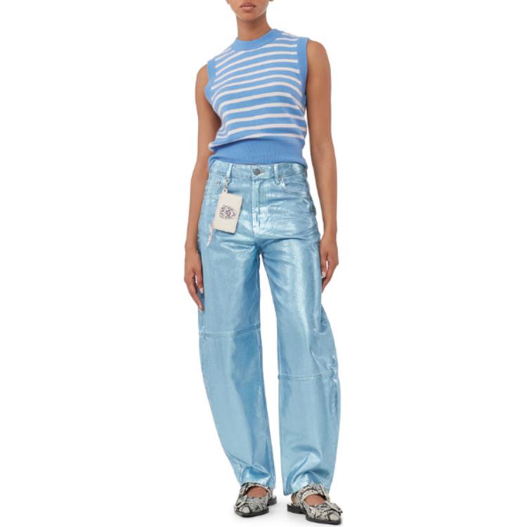 Lookbook (W) GANNI FW23 條紋無袖背心 女款 銀湖藍色毛衣背心。 K1984695