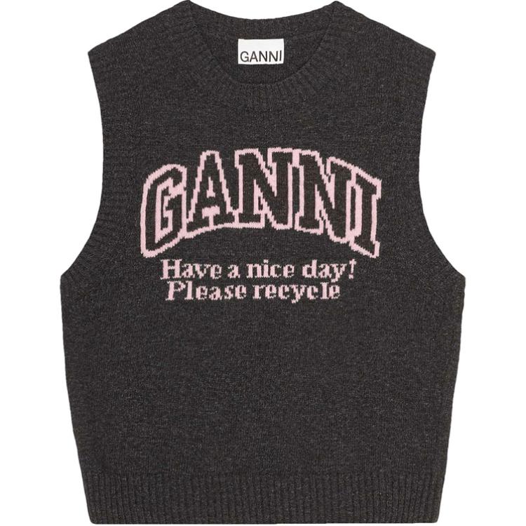 (Women) GANNI FW24  Logo Embroidered Ribbed Vest Phantom Black. K2362252
