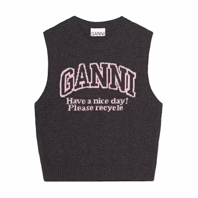 (Women) GANNI FW24 Logo Embroidered Ribbed Vest Phantom Black. K2362252
