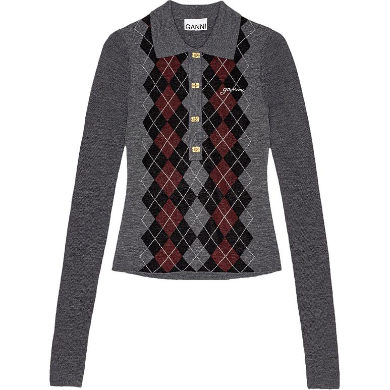 (Women) GANNI FW24 Embroidered Logo Fitted Polo Sweater Women’s Frost Gray Long Sleeve K2314523