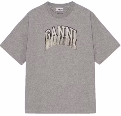 (W) GANNI 女士灰色流苏印花Logo棉T恤 FW24 Paloma Dove Grey. T3990921 Buy (W) GANNI 女士灰色流苏印花Logo棉T恤 FW24 Paloma Dove Grey. T3990921