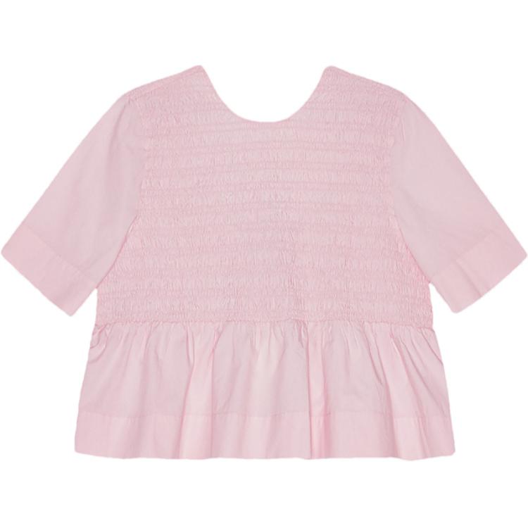 (Women) GANNI FW24 Open Back Ruched Cotton Poplin Crewneck Shirt Women Pale Pink F9694868