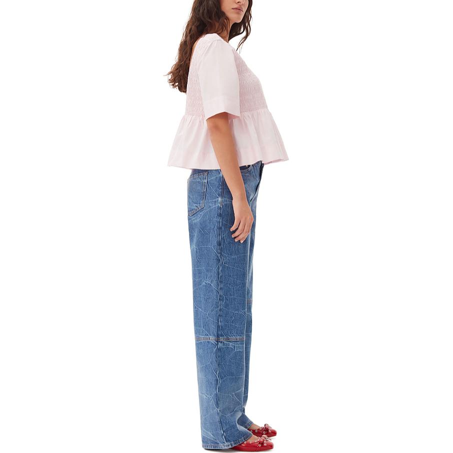 Shop (W) GANNI 秋冬24 女士褶饰露背棉质圆领衬衫 浅粉色 F9694868