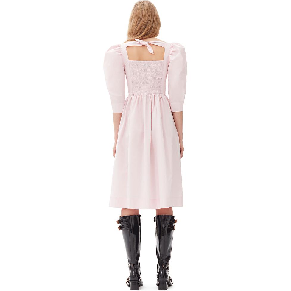 Shop (W) GANNI FW24 Gaun Midi Square Neck Cotton Poplin Wanita Putih Susu Merah Jambu F9691868