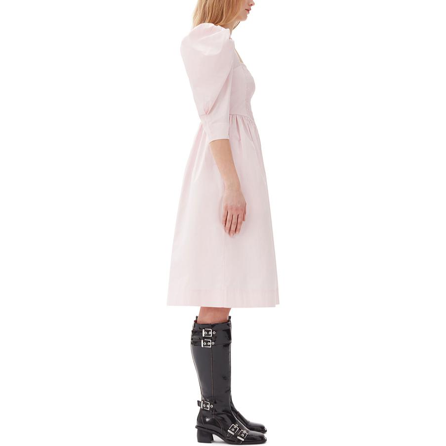 Purchase (W) GANNI FW24 Gaun Midi Square Neck Cotton Poplin Wanita Putih Susu Merah Jambu F9691868