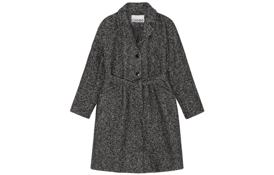 (Women) GANNI Herringbone Wool Blend Belted Coat for Women - Black F8316-099