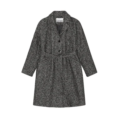 (Women) GANNI Herringbone Wool Blend Belted Coat for Women - Black F8316-099