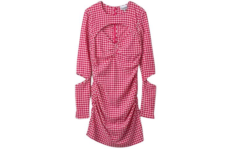 (Women) GANNI Houndstooth Cut-Out Mini Midi Dress Long Sleeve - Deep Pink F7665-487