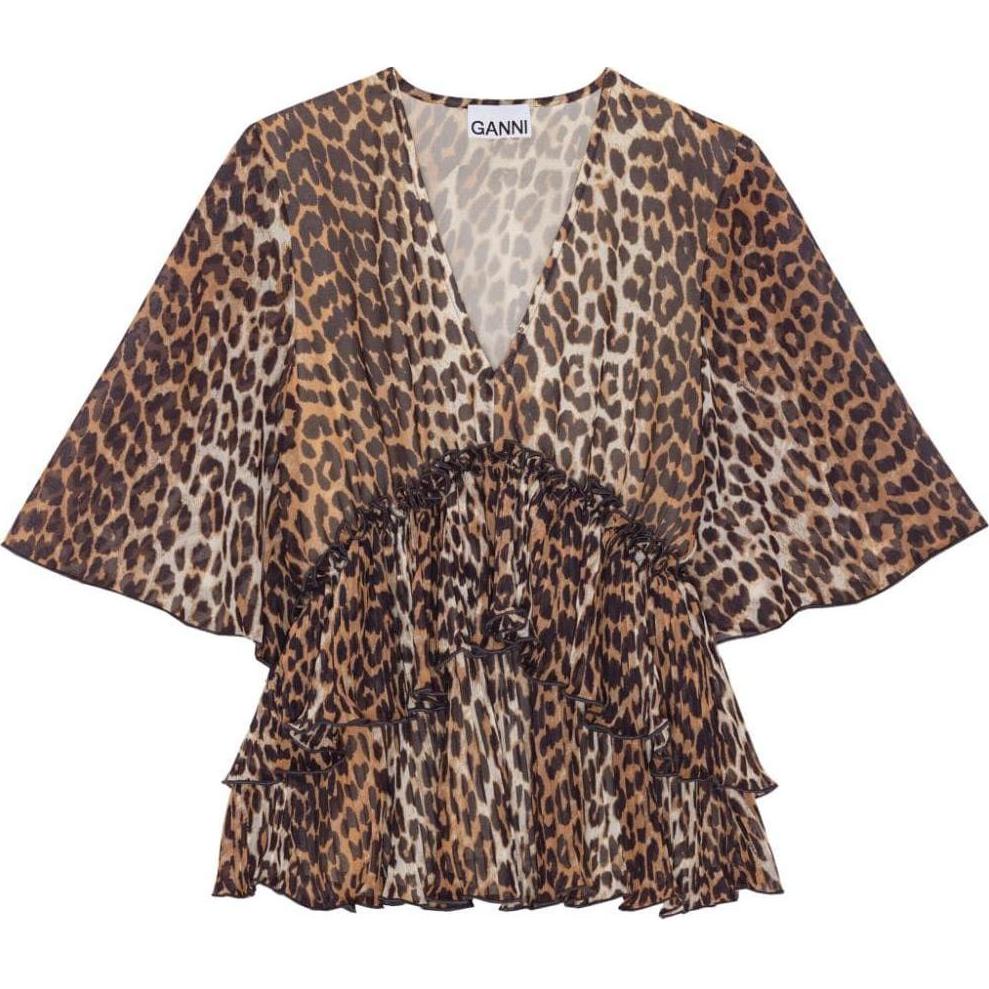 (Women) GANNI Leopard Print V-Neck Half Sleeve Shirt  Brown F8694-859