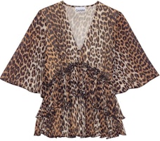 (Women) GANNI Leopard Print V-Neck Half Sleeve Shirt Brown F8694-859 (Women) GANNI Leopard Print V-Neck Half Sleeve Shirt Brown F8694-859