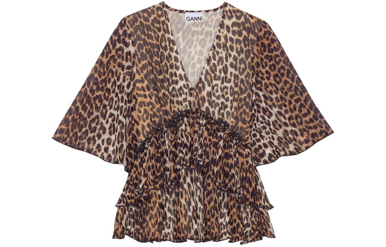 Order (W) 가니 레오파드 브이넥 반소매 셔츠 브라운 F8694-859