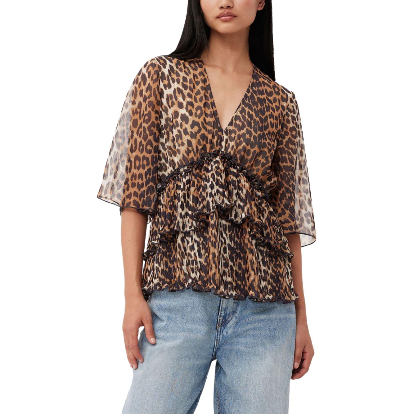 Lookbook (W) 가니 레오파드 브이넥 반소매 셔츠 브라운 F8694-859