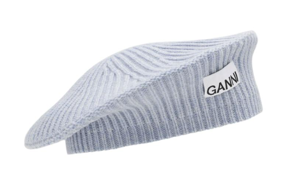(Women) GANNI Light Blue Wool Recycled Nylon Beret with Logo Patch. A5826695