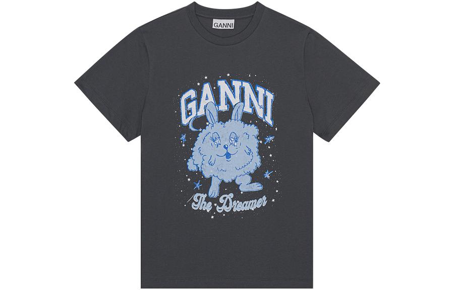 (Women) GANNI Logo Rock Bunny Graphic Print Crewneck T-Shirt Women Volcano Gray. T3676490