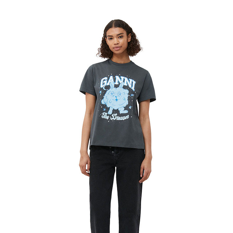 Lookbook (W) GANNI Logo Rock Bunny Grafik Crewneck T-Shirt Wanita Volcano Kelabu. T3676490