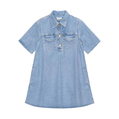 (Women) GANNI Minimalist Blue Denim Short Sleeve Short Dress Women J1401-567