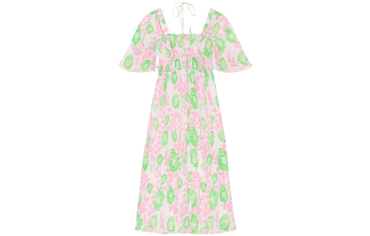 Order (W) GANNI 粉色花卉网纱短袖连衣裙 女款 F7744545