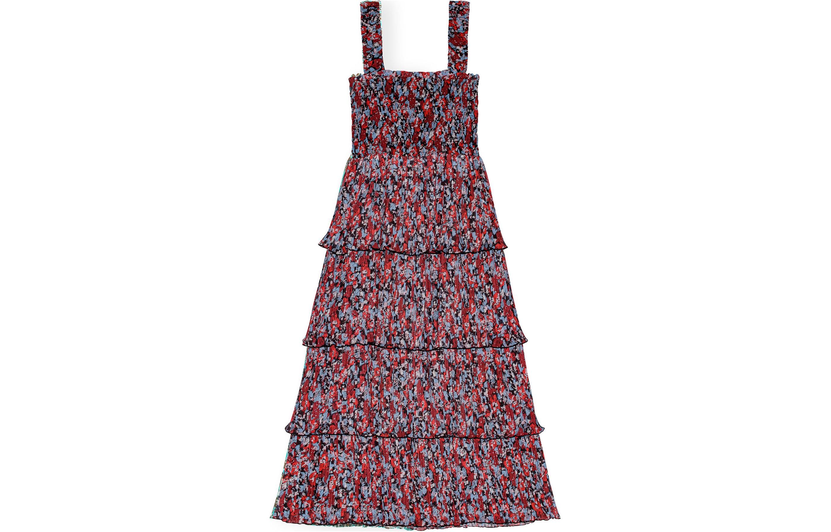 (Women) GANNI Pleated Georgette Flounce Smock Midi Dress Red Floral  Sundress. F9193472