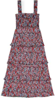 (Women) GANNI Pleated Georgette Flounce Smock Midi Dress Red Floral Sundress. F9193472 (Women) GANNI Pleated Georgette Flounce Smock Midi Dress Red Floral Sundress. F9193472