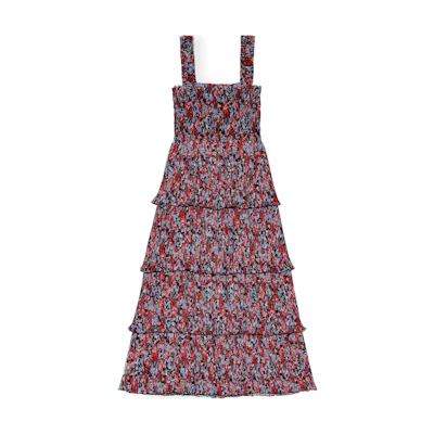 (Women) GANNI Pleated Georgette Flounce Smock Midi Dress Red Floral Sundress. F9193472