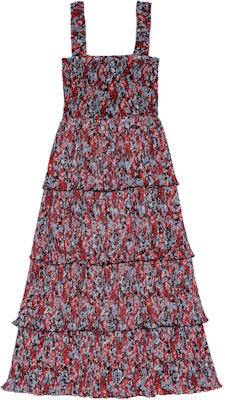 (Women) GANNI Pleated Georgette Flounce Smock Midi Dress Red Floral Sundress. F9193472 Lookbook (Women) GANNI Pleated Georgette Flounce Smock Midi Dress Red Floral Sundress. F9193472