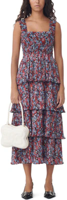 (Women) GANNI Pleated Georgette Flounce Smock Midi Dress Red Floral Sundress. F9193472 Shop (Women) GANNI Pleated Georgette Flounce Smock Midi Dress Red Floral Sundress. F9193472