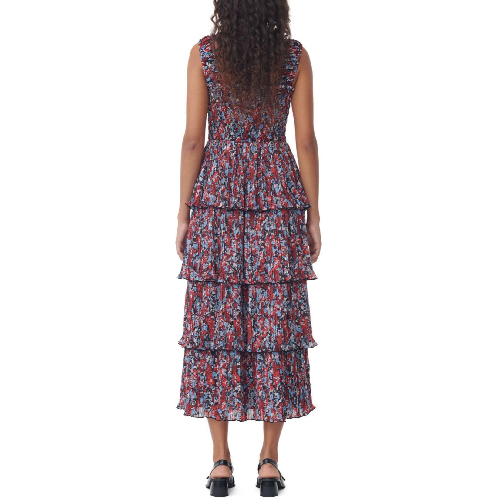 (Women) GANNI Pleated Georgette Flounce Smock Midi Dress Red Floral  Sundress. F9193472 圖 5