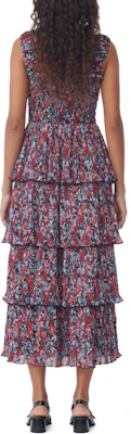 (Women) GANNI Pleated Georgette Flounce Smock Midi Dress Red Floral Sundress. F9193472 Purchase (Women) GANNI Pleated Georgette Flounce Smock Midi Dress Red Floral Sundress. F9193472