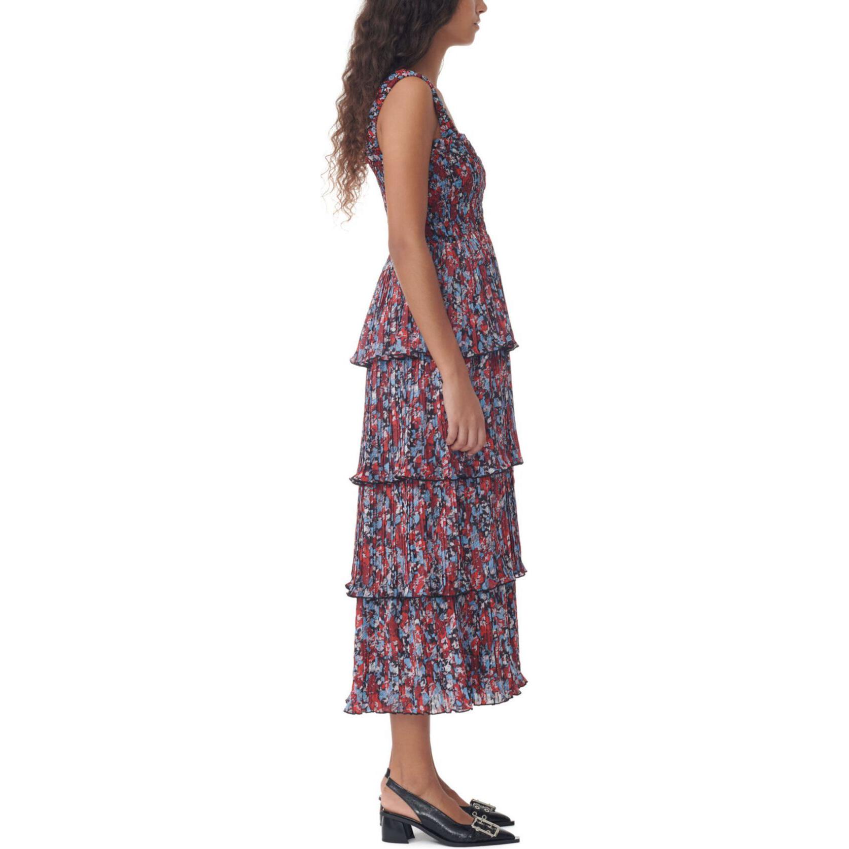 (Women) GANNI Pleated Georgette Flounce Smock Midi Dress Red Floral  Sundress. F9193472 圖 6