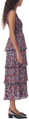 (Women) GANNI Pleated Georgette Flounce Smock Midi Dress Red Floral Sundress. F9193472 Details for (Women) GANNI Pleated Georgette Flounce Smock Midi Dress Red Floral Sundress. F9193472