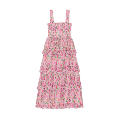 (Women) GANNI Pleated Georgette Smock Midi Dress Floral Ruffle Pink Dress F7636393